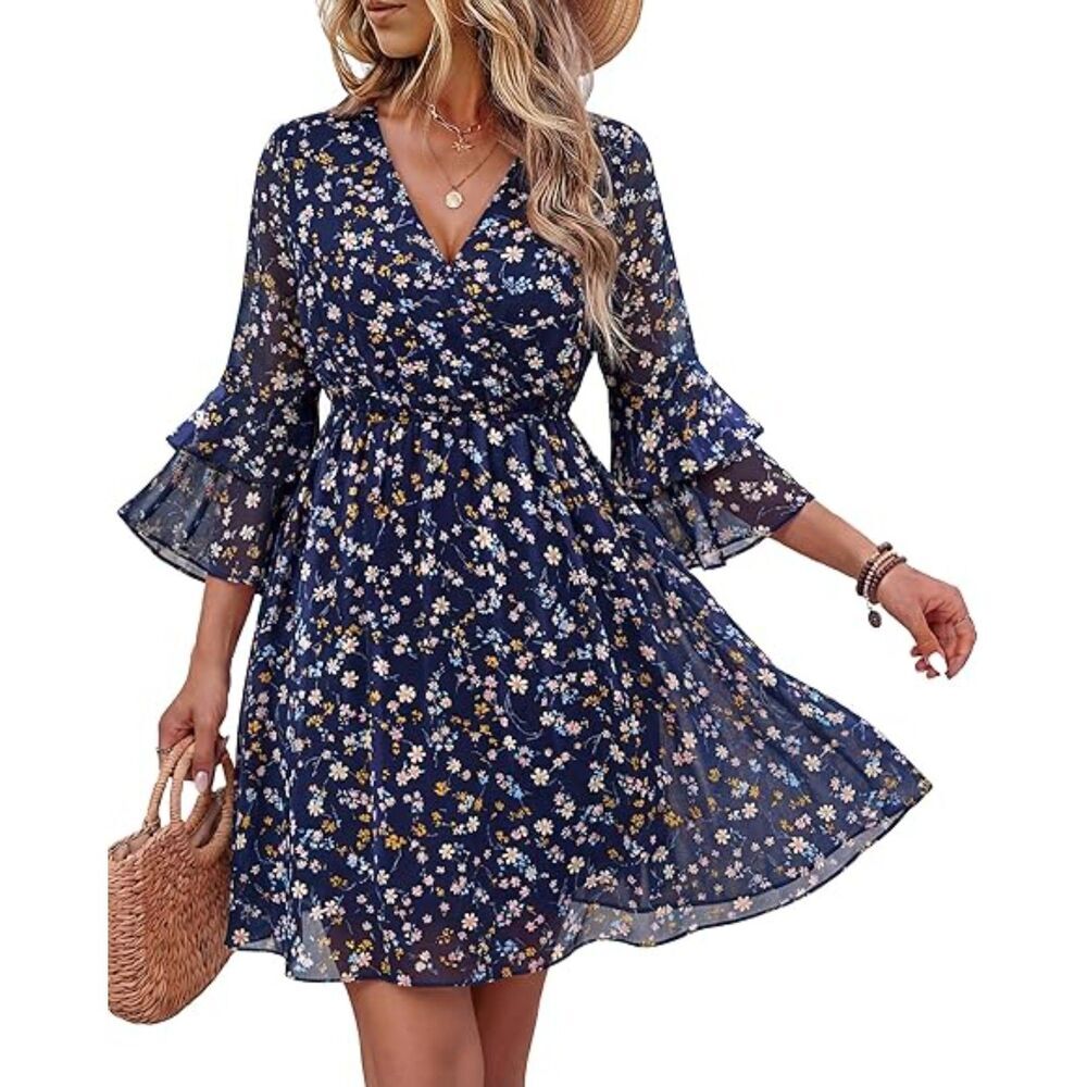 Women's Multi Blue V Neck A Line 3/4 Ruffle Sleeve A Line Mini Dress